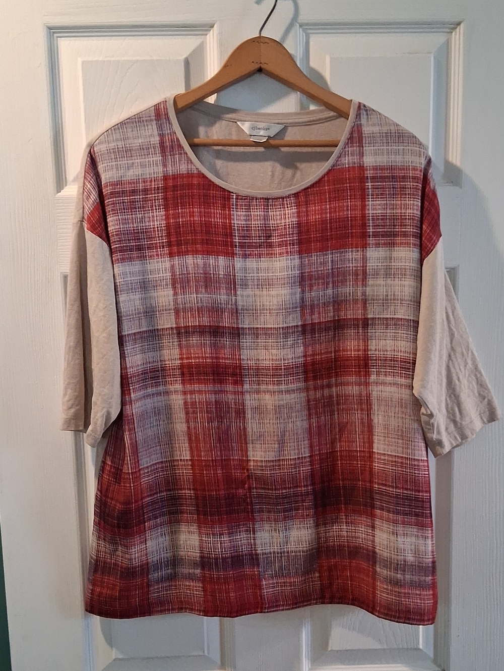 CJ Banks Red Plaid Scoop Neck Tunic with Cream Trim